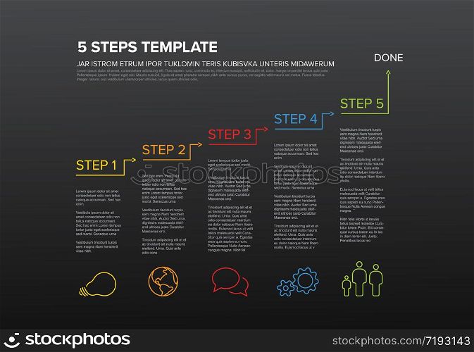 One two three four five - vector five steps progress template infochart blocks with sample content - dark version. Vector Infographic typography timeline report template