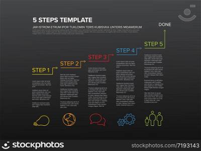 One two three four five - vector five steps progress template infochart blocks with sample content - dark version. Vector Infographic typography timeline report template