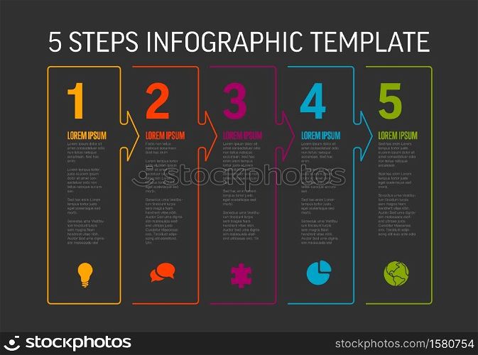 One two three four five - vector light progress steps template with descriptions, icons and thin color line border - dark version. Five simple color steps process infographic template