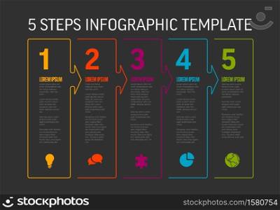 One two three four five - vector light progress steps template with descriptions, icons and thin color line border - dark version. Five simple color steps process infographic template