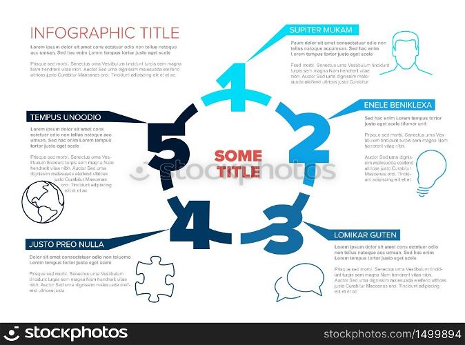 One two three four five - vector paper five steps cycle progress template infochart blocks with sample content - blue version