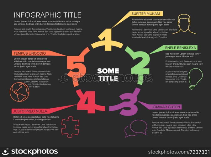 One two three four five - vector paper five steps cycle progress template infochart blocks with sample content - dark color version. Five steps cycle template infographic