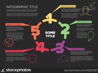 One two three four five - vector paper five steps cycle progress template infochart blocks with sample content - dark color version. Five steps cycle template infographic