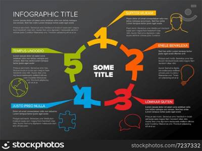 One two three four five - vector paper five steps cycle progress template infochart blocks with sample content - dark color version. Five steps cycle template infographic