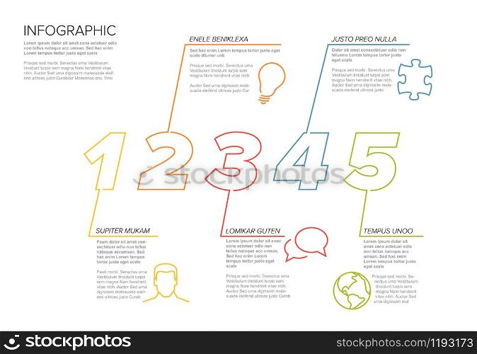 One two three four five - vector paper five steps progress template infochart blocks with sample content