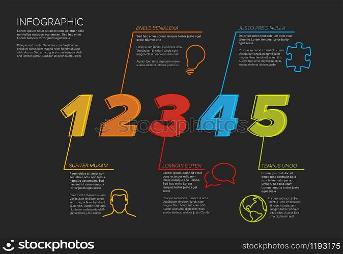 One two three four five - vector paper five steps progress template infochart blocks with sample content - dark version