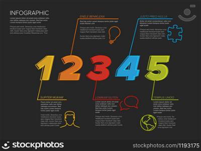 One two three four five - vector paper five steps progress template infochart blocks with sample content - dark version