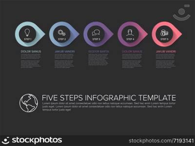 One two three four five - vector progress template with five steps and description - dark background version