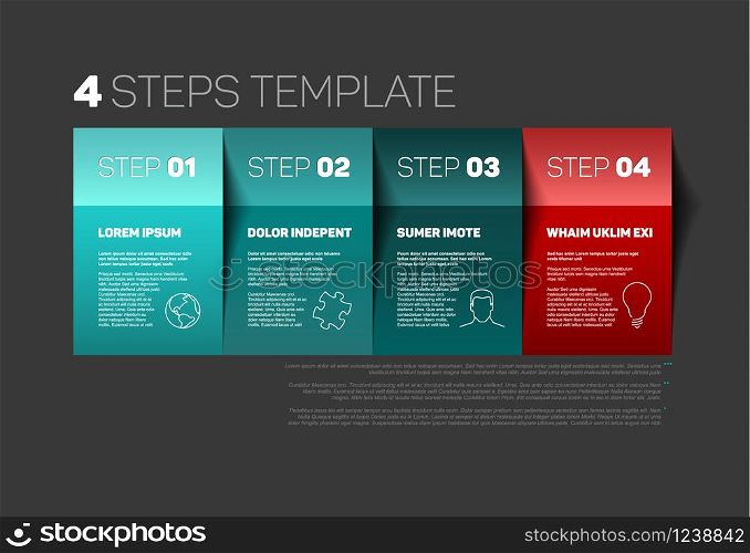 One two three four - vector paper progress steps template with descriptions and icons. Four steps template