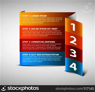 One two three four - vector paper vertical progress steps template with descriptions and icons. Four steps vertical template