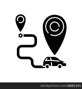 One way carsharing black glyph icon. Type of carsharing that enables users to begin and end their trip at different locations. Silhouette symbol on white space. Vector isolated illustration. One way carsharing black glyph icon