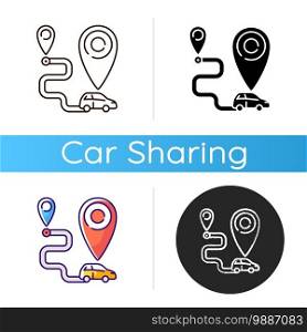 One way carsharing icon. Type of carsharing that enables users to begin and end their trip at different locations. Linear black and RGB color styles. Isolated vector illustrations. One way carsharing icon