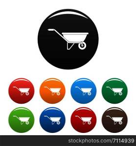 One wheel barrow icons set 9 color vector isolated on white for any design. One wheel barrow icons set color