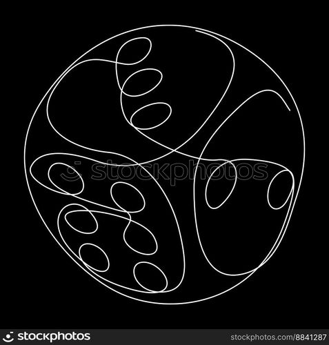 One white continuous line drawing of dice. Thin Line Illustration vector concept on black background. Contour Drawing Creative ideas.