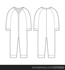 Onesie with a long sleeves. Infant romper. Baby body wear mock up. Children bodysuit. Technical sketch. Underwear outline CAD design. Front and back. Vector illustration. Onesie with a long sleeves. Infant romper. Baby body wear mock up. Children bodysuit. Technical sketch.