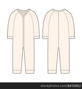 Onesie with a long sleeves. Infant romper. Milk color. Baby body wear mock up. Children bodysuit. Technical sketch. Underwear outline CAD design. Front and back. Vector illustration. Onesie with a long sleeves. Infant romper. Milk color. Baby body wear mock up. Children bodysuit.