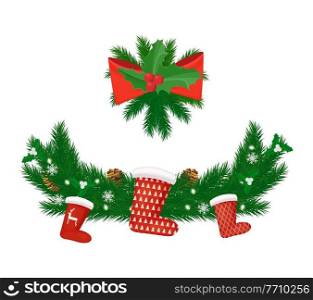 oniferous twig with berries and pine cones with Santa socks. Christmas branch with snowflakes and bow decoration realistic style isolated on white vector. Spruce with Pine Cones and Santa Socks Vector