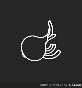 Onion chalk white icon on black background. Fresh ripe vegetable with cut slices. Whole veggie for vitality and nourishment. Raw bulb for cooking. Isolated vector chalkboard illustration. Onion chalk white icon on black background