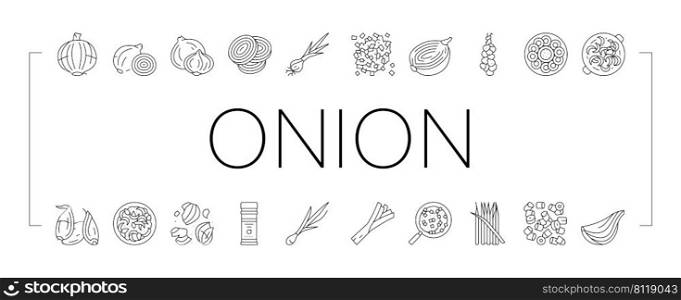 Onion Fresh Vitamin Vegetable Icons Set Vector. White And Purple Onion, Growing Green And Shallot. Harvesting Ripe Eatery Bio Plant For Flavoring Meal And Salad Black Contour Illustrations. Onion Fresh Vitamin Vegetable Icons Set Vector
