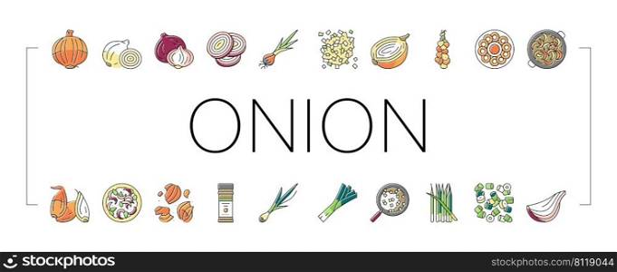 Onion Fresh Vitamin Vegetable Icons Set Vector. White And Purple Onion, Growing Green And Shallot. Harvesting Ripe Eatery Bio Plant For Flavoring Meal And Salad Color Illustrations. Onion Fresh Vitamin Vegetable Icons Set Vector