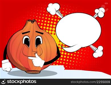 Onion holding finger front of his mouth. Cartoon Farm Vegetable character. Funny Plant illustration.