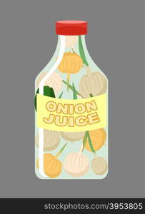 Onion juice. Juice from fresh vegetables. Onions in a transparent bottle. Vitamin drink for healthy eating. Vector illustration.&#xA;