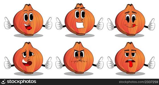 Onion making thumbs up sign with two hands. Cartoon Farm Vegetable character. Funny Plant illustration.
