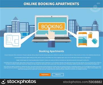 Online accommodation booking concept on modern technology device laptop in flat web design. Laptop with room on background with buildings. Banner with text and buttons registration and about us. Online Booking Apartments