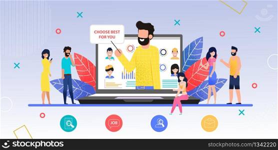 Online Acquaintance Exhibition Flat Cartoon Vector. Man on Monitor Propose Do Best Choice. Unfamiliar Men and Women Couples Become Friends Using Phones and at Meeting. Dating Agency Illustration. Online Acquaintance Exhibition Flat Vector Cartoon