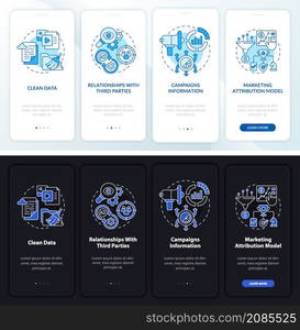 Online ad platform night and day mode onboarding mobile app screen. Promo walkthrough 4 steps graphic instructions pages with linear concepts. UI, UX, GUI template. Myriad Pro-Bold, Regular fonts used. Online ad platform night and day mode onboarding mobile app screen