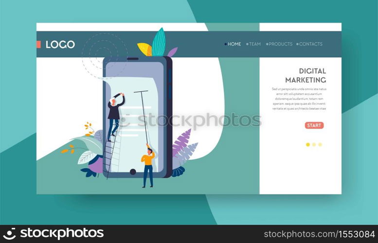 Online advertisement landing web page template digital marketing business promotion concept smartphone and promo poster businessman or entrepreneur Internet site mockup professional marketologists. Digital marketing online advertisement web page template