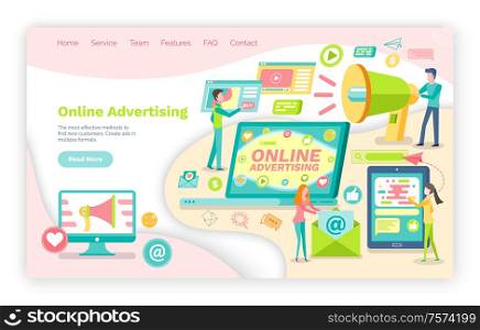 Online advertisement vector, website or webpage template, landing page flat style. Laptop for business and product promotion, megaphone and mobile phone. Online Advertising, Media Advertisement Web Page