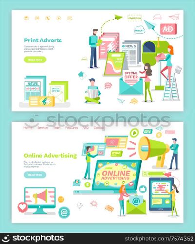 Online advertising and print adverts vector. Megaphone and internet, newspaper and magazine. Website or webpage template, landing page flat style. Online Advertising and Print Adverts Web Page