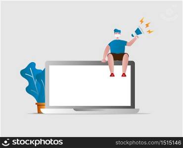 online advertising concept man with megaphone on big laptop vector illustration cartoon flat design