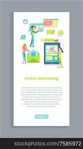 Online advertising vector, advertisement in internet. Website with text, smartphone and email, correspondence in web, people making digital marketing. Online Advertising Using Mobile Phone and Internet