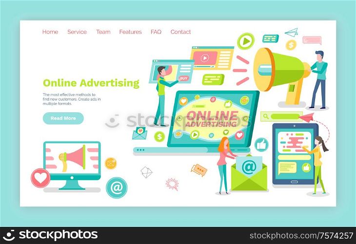 Online advertising vector, pages with information. Website or webpage template, landing page flat style, computer monitor. People with megaphone broadcast. Online Advertising, Smartphone and Laptop Screen
