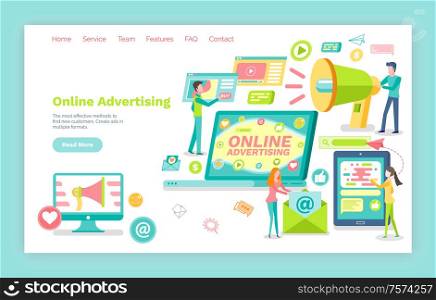 Online advertising vector, pages with information. Website or webpage template, landing page flat style, computer monitor. People with megaphone broadcast. Online Advertising, Smartphone and Laptop Screen
