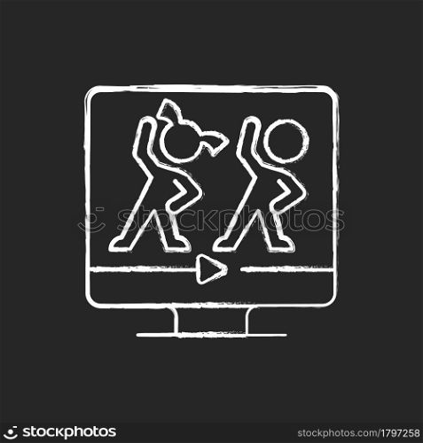 Online aerobic for kids chalk white icon on dark background. Fitness family workouts. Basic exercises and dance moves programs. Excess energy burn way. Isolated vector chalkboard illustration on black. Online aerobic for kids chalk white icon on dark background.