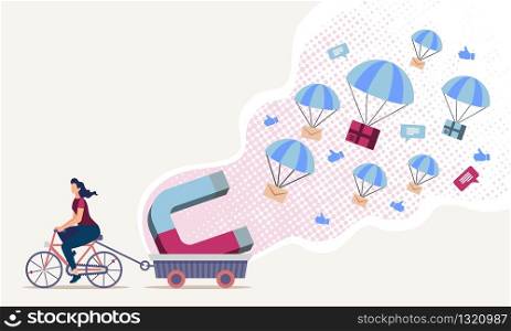 Online Aggregation, Magnetic Marketing Service Flat Vector Concept. Woman Riding Bicycle, Pulling Trailer with Magnet, Collecting Online Messages, Comments, Reactions in Social Networks Illustration