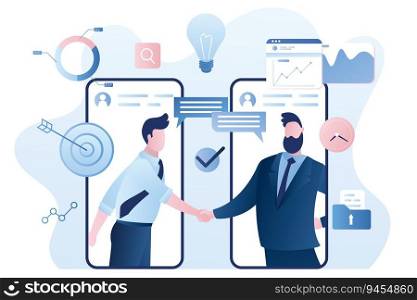 Online agreement concept background. Handshake after successful negotiations. Businesspeople on smartphones screen. Male characters and elements in trendy style. Vector illustration