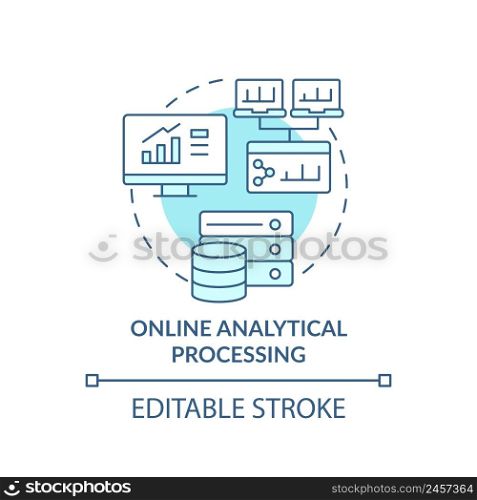 Online analytical processing turquoise concept icon. Business intelligence technology abstract idea thin line illustration. Isolated outline drawing. Editable stroke. Arial, Myriad Pro-Bold fonts used. Online analytical processing turquoise concept icon