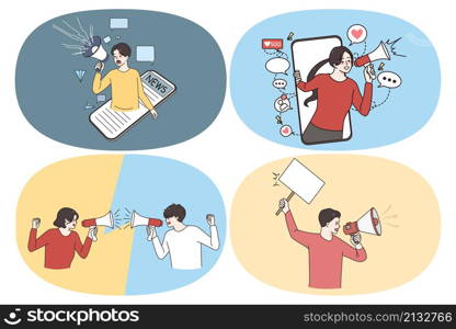 Online and offline Advertisement promotion concept. Set of young people shouting screaming to megaphone or from smartphone screen trying to attract attention showing sales news vector illustration. Online and offline Advertisement promotion concept.