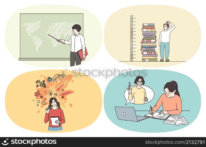 Online and school learning and Education concept. Set of pupils students graduating from university reading books getting knowledge learning online on laptop and in class vector illustration. Online and school learning and Education concept