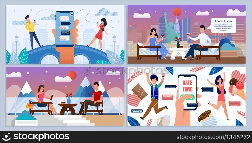 Online and Speed Date, Romantic Dating for Two Cartoon Banner Set. Happy Smiling Men and Women Using Phone for Acquaintance and Communication, Visiting Urban and Resort Cafe. Vector Flat Illustration. Online and Speed Date, Romantic Dating for Two Set