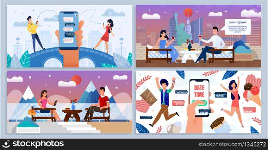 Online and Speed Date, Romantic Dating for Two Cartoon Banner Set. Happy Smiling Men and Women Using Phone for Acquaintance and Communication, Visiting Urban and Resort Cafe. Vector Flat Illustration. Online and Speed Date, Romantic Dating for Two Set