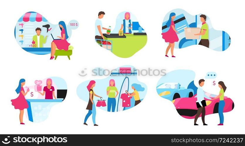 Online and store shopping flat concept icons set. Buying clothes at mall. Purchasing new car at dealership. Delivery service. Customer and seller Isolated cartoon illustrations on white background