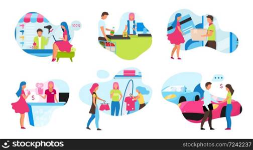 Online and store shopping flat concept icons set. Buying clothes at mall. Purchasing new car at dealership. Delivery service. Customer and seller Isolated cartoon illustrations on white background