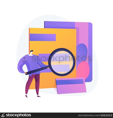 Online archive, documents base, data storage. Information search, personal records access. Base user with magnifying glass cartoon character. Vector isolated concept metaphor illustration.. Online archive vector concept metaphor.