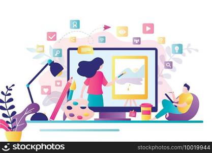 Online art class. E-learning, distance education. Tutorials and web courses. Woman art teacher on screen and male student with brush. Drawing lessons banner. Modern workplace. Flat vector illustration