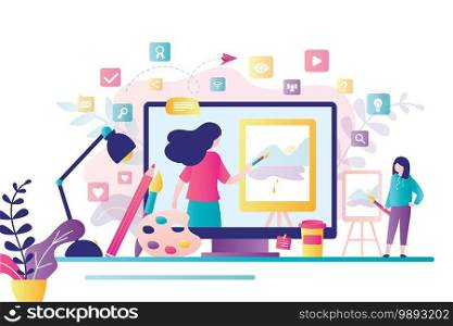 Online art class. E-learning, distance education. Tutorials and web courses. Woman art teacher on screen and girl student with brush and an easel. Drawing lessons banner. Trendy vector illustration